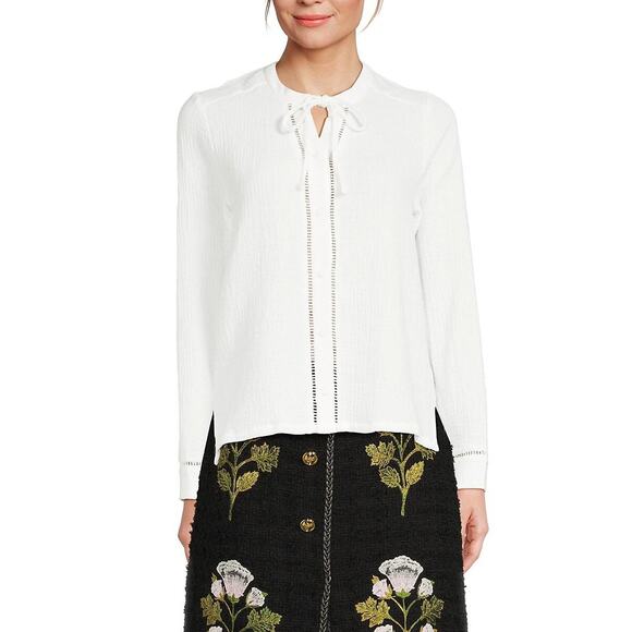 Saks Fifth Avenue Womens medium White Tie-Up Neckline Top long sleeve boho light - Picture 1 of 7
